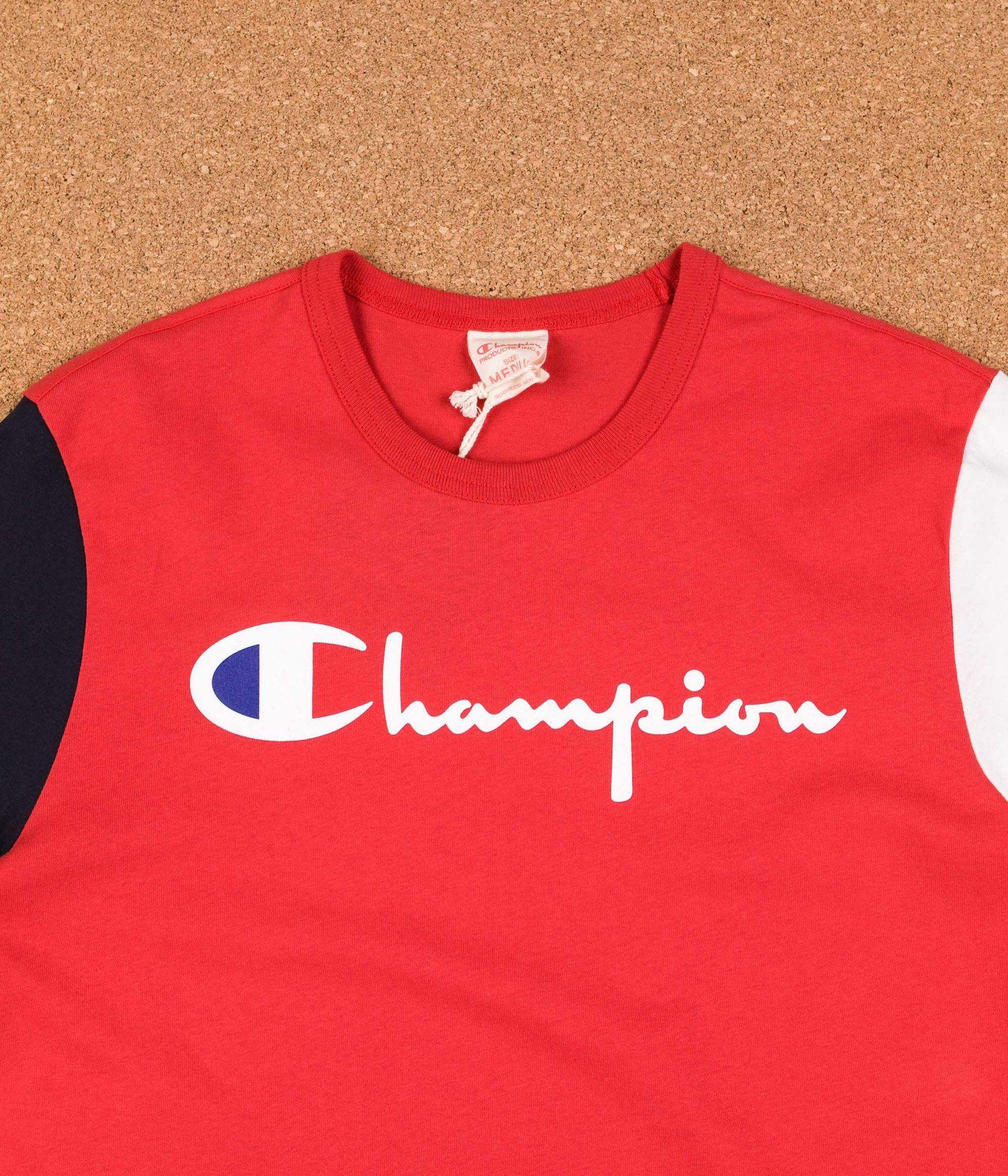 Red Reverse Logo - Champion Reverse Weave Tricolour Script Logo T Shirt / Navy