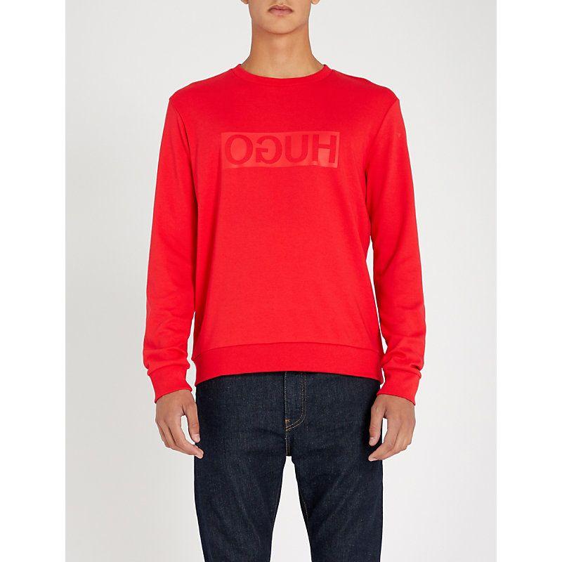 Red Reverse Logo - Hugo Reverse Logo Cotton-Jersey Sweatshirt In Bright Red | ModeSens