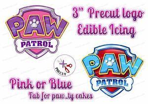 Blue Paw Patrol Logo - PRECUT EDIBLE PAW PATROL LOGO PINK BLUE or CHARACTER BADGE ICING
