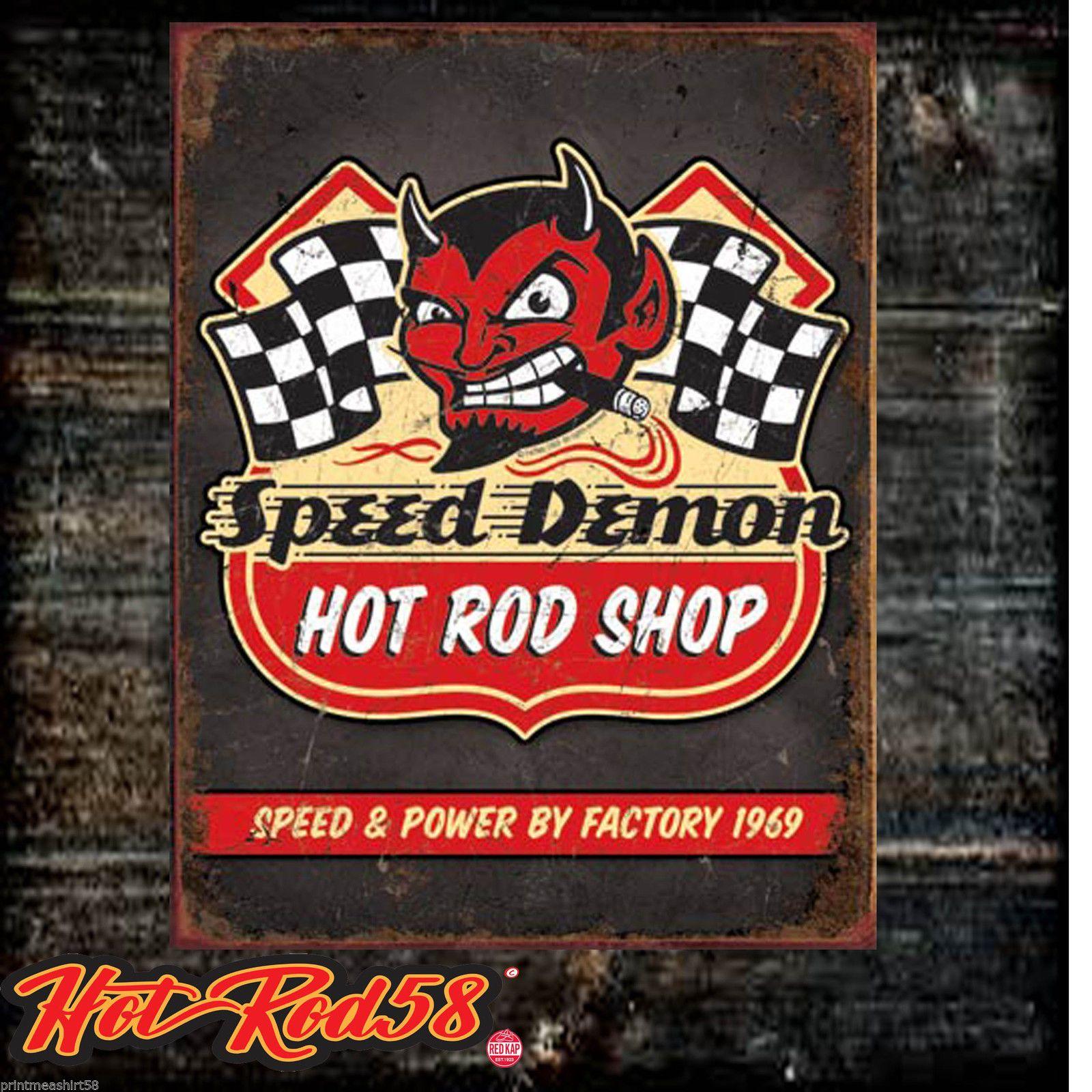 Vintage Garage Car Shop Logo - Hotrod Metal Tin Wall Sign Speed Demon American Car Garage Vintage