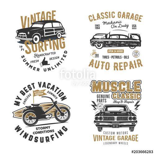 Vintage Garage Car Shop Logo - Vintage hand drawn tee prints set. Surf print design, old garage ...