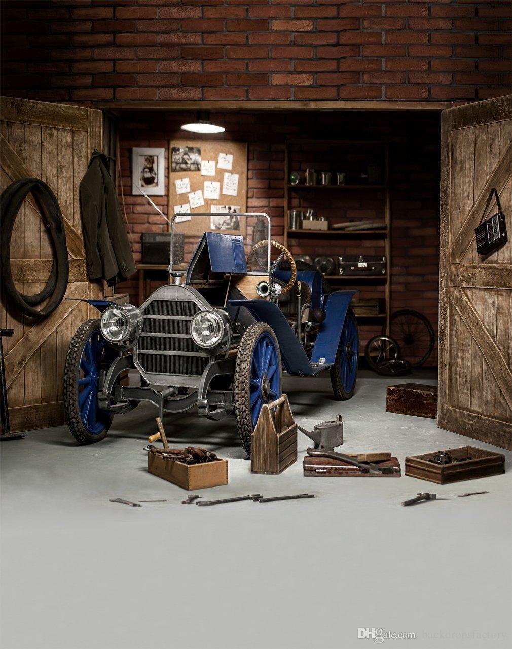 Vintage Garage Car Shop Logo - 2019 Vintage Garage Photography Backdrop Blue Car Wooden Door Brick ...
