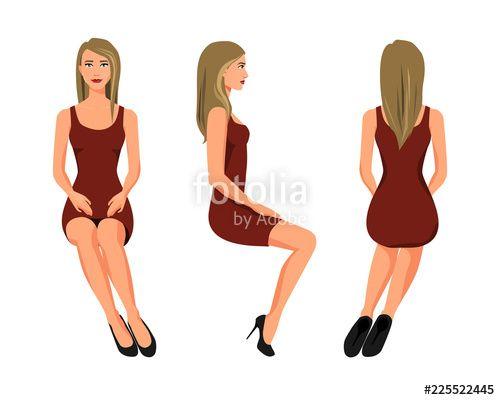 Red People Sitting Back to Back Logo - Vector illustration of three sitting girl in red dress under the ...