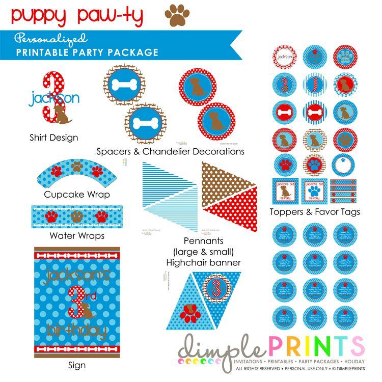 Blue Red Paw Logo - Puppy Paw-ty Blue Red Brown Printable Party - Dimple Prints Shop