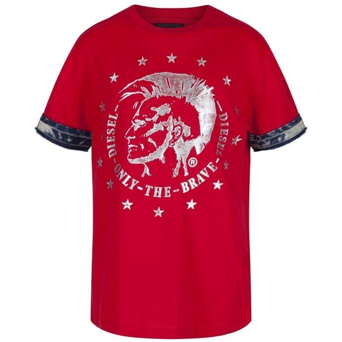 Red Silver Logo - Diesel Boys Red T Shirt With Silver Logo Print
