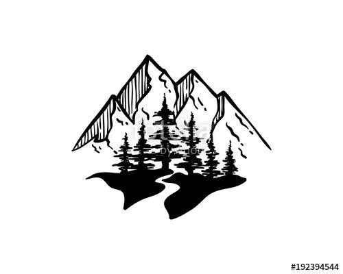 Black and White Pine Tree Logo - Line Art Black Mountain and Pine Tree with River Symbol Logo Vector ...