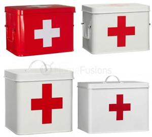 Red Cross in a Box with a White Logo - METAL FIRST AID BOX MEDICINE STORAGE W CROSS TIN LID CONTAINER RETRO ...