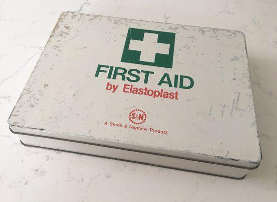 Red Cross in a Box with a White Logo - Vintage White Green Red Cross Elastoplast First Aid Tin Kit Box ...