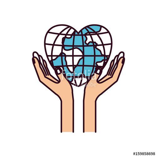 Hands Heart and Globe Logo - silhouette color sections hands with floating earth globe world