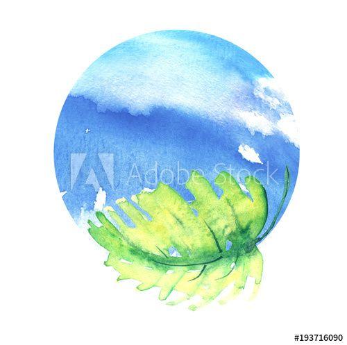 Branches with Blue and Blue Globe Logo - Green branch with leaves and blue planet Earth. A round watercolor