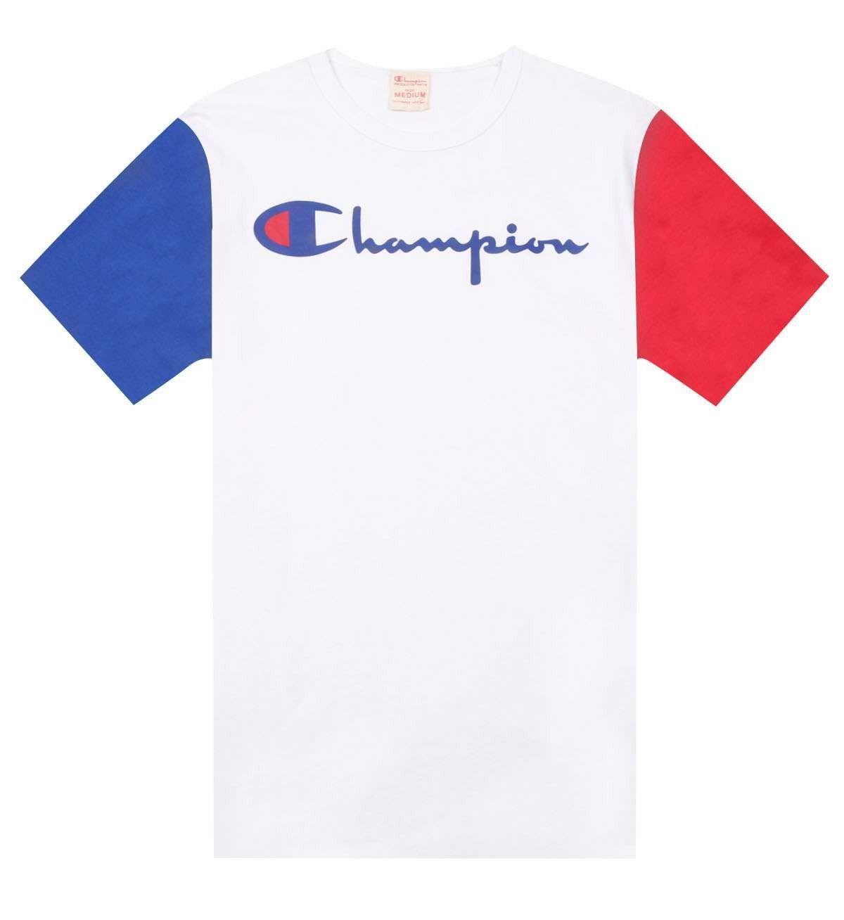 White and Blue T Logo - Champion Reverse Weave Logo T Shirt White / Red / Blue | 5Pointz