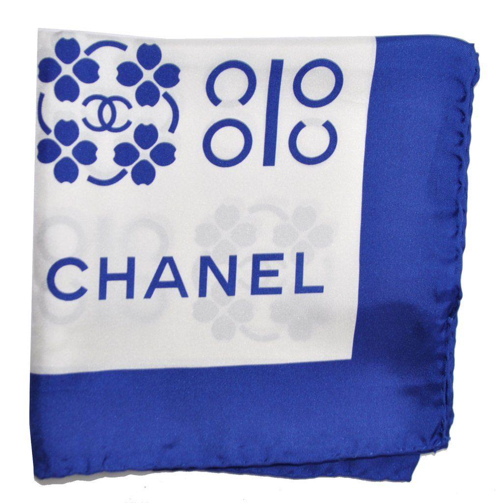 Square White with Blue Rectangle Logo - Chanel Scarf Royal Blue White Coco Chanel CC Logo - Twill Silk ...
