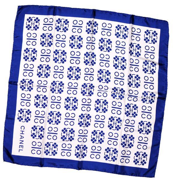 Square White with Blue Rectangle Logo - Chanel Scarf Royal Blue White Coco Chanel CC Logo - Twill Silk ...