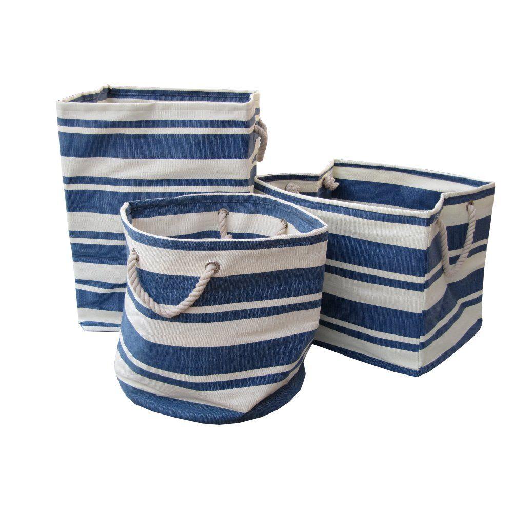 Square White with Blue Rectangle Logo - Blue & White Stripe Large Canvas Bags