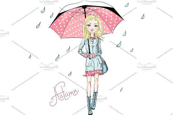 Red Umbrella Outline Logo - Vector fashion girl in autumn clothes Illustrations Creative Market