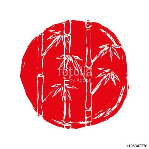 Red White Sun Logo - Bamboo trees white silhouettes on the red circle or stain of paint