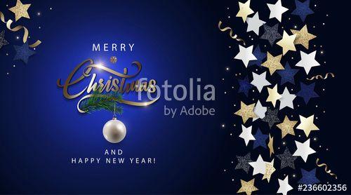 Blue Gold Stars Logo - Christmas dark blue banner, invitation, card or flyer. Holiday ...