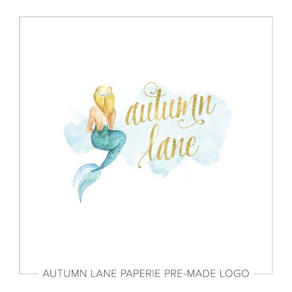 Mermaid Logo - Blue & Gold Mermaid Logo I93 | Autumn Lane Paperie