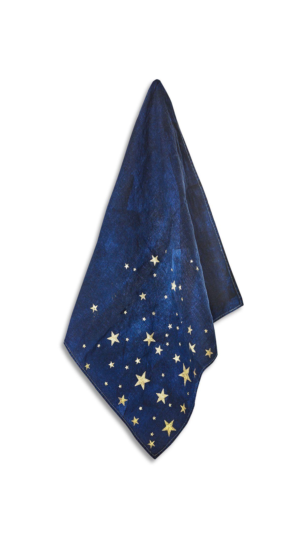 Blue Gold Stars Logo - Falling Stars Linen Napkin in Ink Blue with Gold Stars