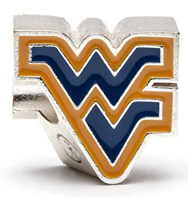 West Virginia Flying WV Logo - West Virginia University Bead Charm. West Virginia Stainless Steel Jewelry. Mountaineers WV Logo Charm with Yellow Border. Fits Most Popular