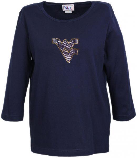 West Virginia Flying WV Logo - NCAA West Virginia Mountaineers Women's Crew Neck 3 4 Sleeve Top With Rhinestone Flying WV Logo Design, 3X, Navy
