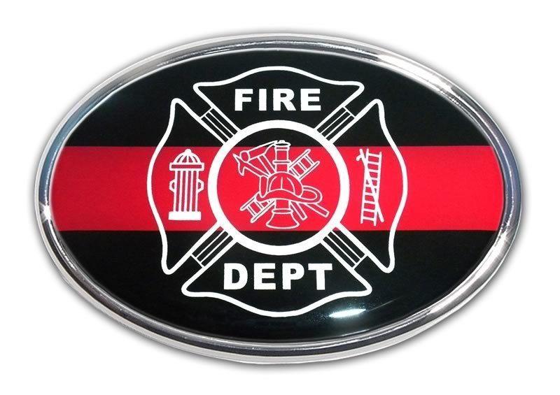 Car with Red Oval Logo - Firefighter Oval Chrome with Color Car Emblem - I AmEricas Flags