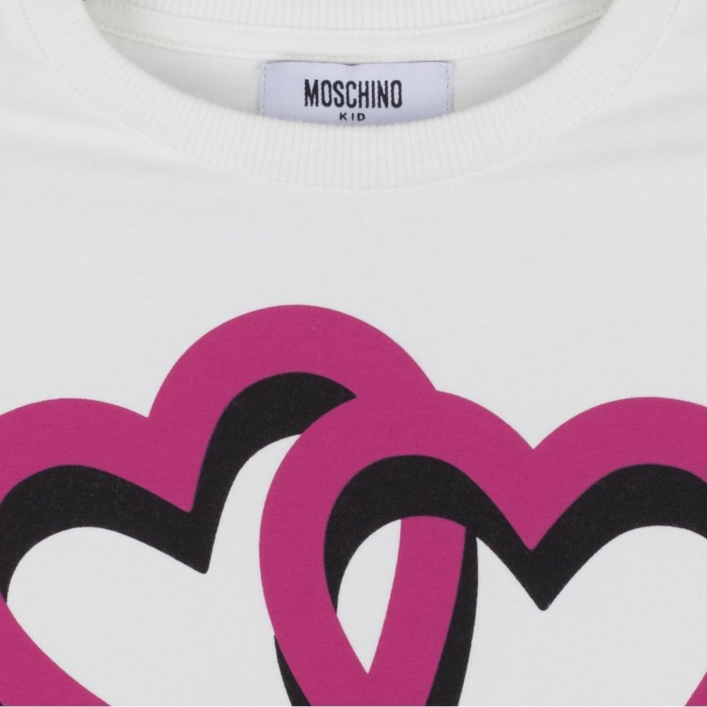 Pink Heart Logo - Moschino Girls Cream Long Sleeve T Shirt With Pink Heart Logo Print