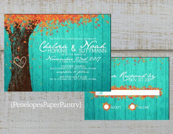Turquoise and Burnt Orange Logo - Elegant Turquoise Rustic Fall Wedding InvitationOak | Etsy