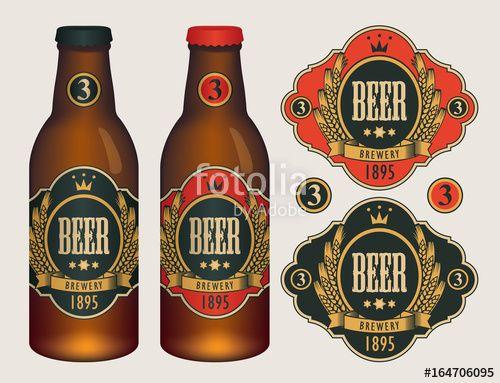 Beer with Red Background Logo - Vector beer labels with coat of arms, wreath of wheat and ribbon