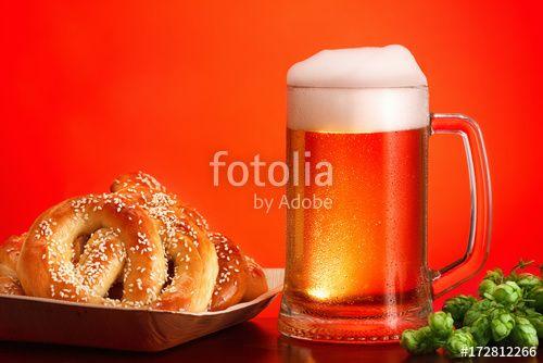 Beer with Red Background Logo - Octoberfest craft beer with pretzel and hops on red background