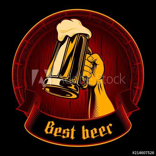 Beer with Red Background Logo - Beer label with hand raised up mug of beer with frothy lager