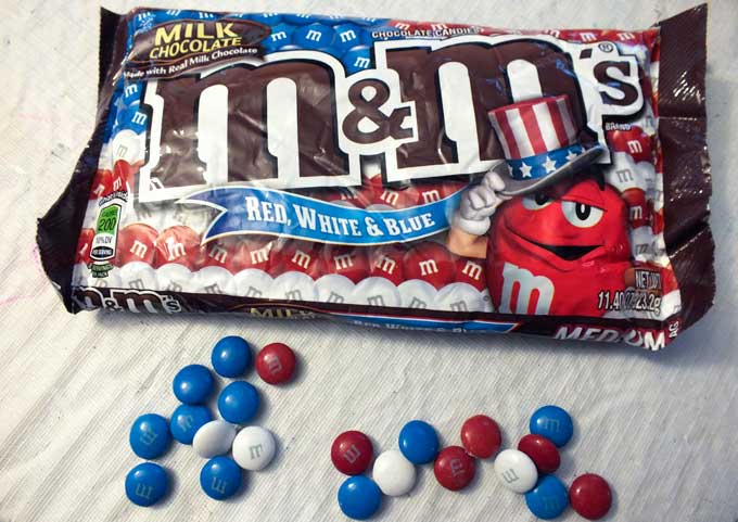 Red White and Blue M Logo - M&M Flag Cake