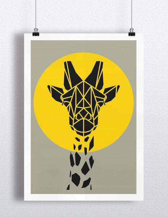 Gray and Yellow Circle Logo - Art Print, Geometric Giraffe Print, Cool Gray Giraffe Art, Yellow ...