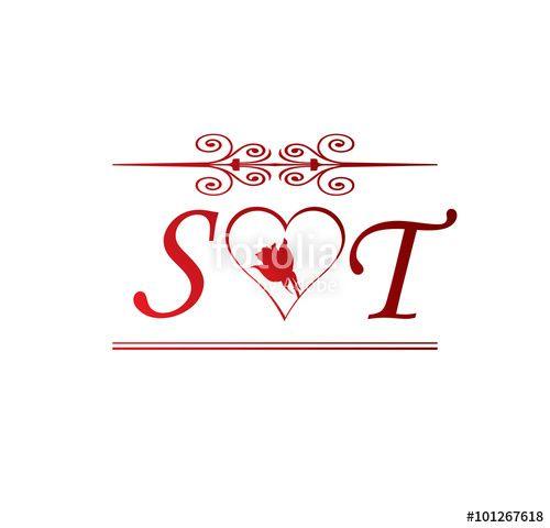 Text Love Logo - ST love initial with red heart and rose Stock image and royalty