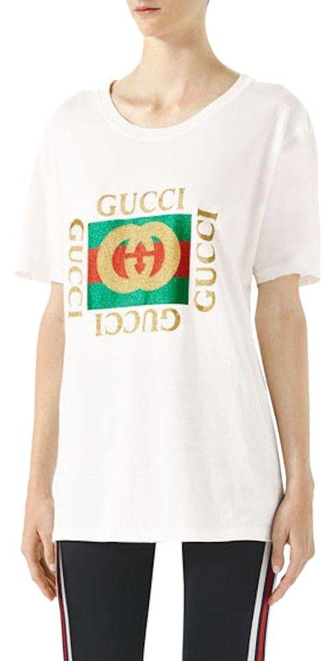 T-Shirt Square Logo - Gucci White Square Glitter Print Logo Xs Tee Shirt Size 2 (XS)