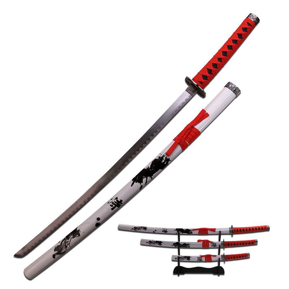 Cool Black and a Red Sword Logo - JAPANESE SAMURAI SWORD KATANA. Black Red White Carbon Steel 3 Pc