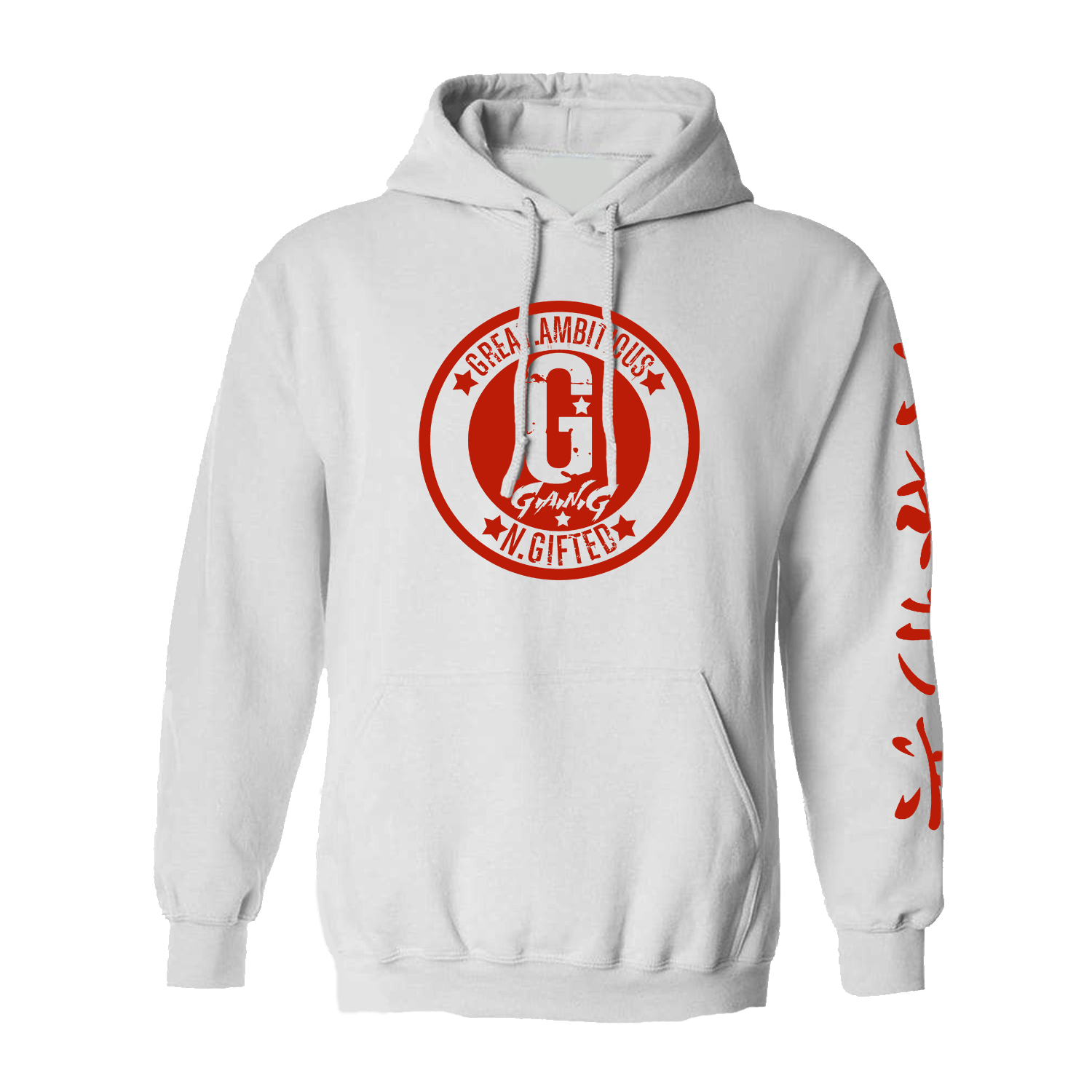 Chinnese Letters with Red White Logo - WHITE & RED CHINESE HOODIE. Go Hard Gang