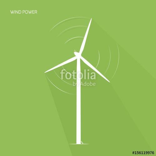 Green with White Outline Logo - Wind turbine tower. Renewable ecological energy generation concept