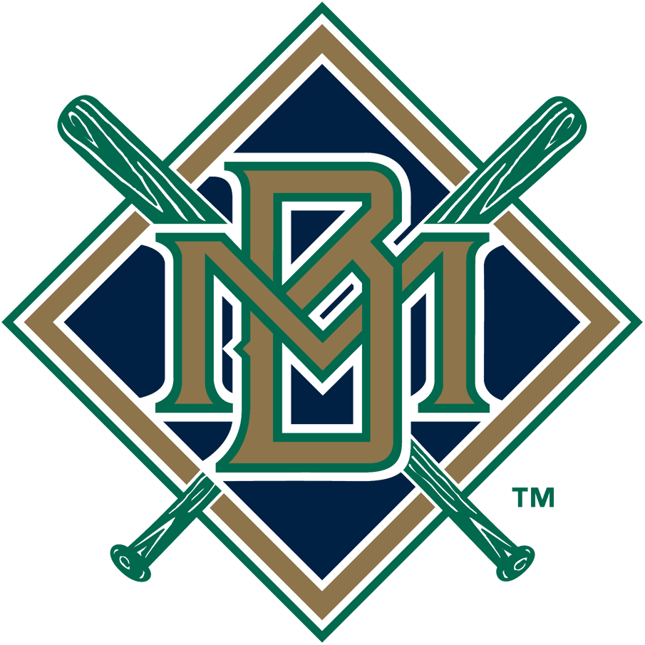 Green with White Outline Logo - Milwaukee Brewers Primary Logo (1998-1999) - Interlocking MB in gold ...