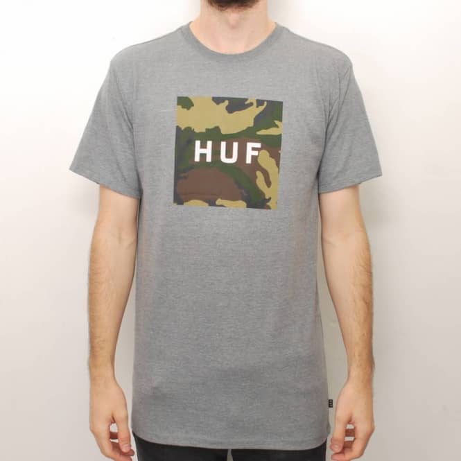 HUF Box Logo - HUF Huf Box Logo Fill Woodland Camo T-Shirt - Grey Heather - Skate T ...