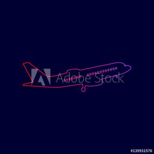 Red Line Blue Background Logo - Flying Plane sign. Side view. Vector. Line icon with gradient