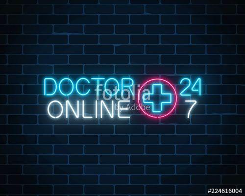 Medicine App Mobile Logo - Doctor online glowing neon logo on dark brick wall background