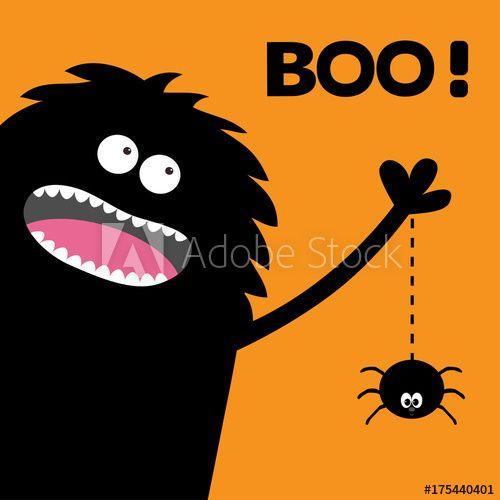 Orange and Black Funny Logo - Screaming monster silhouette in the corner. Spider dash line web ...