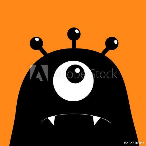 Orange and Black Funny Logo - Monster head silhouette. One eye, teeth, fang. Black Funny Cute ...