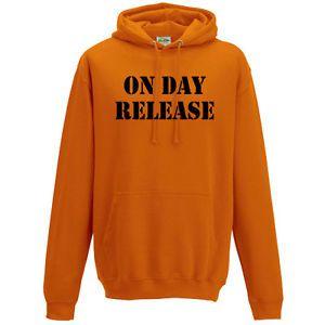 Orange and Black Funny Logo - On Day Release Hoodie S 2XL Orange Black Funny Slogan Prison Joke