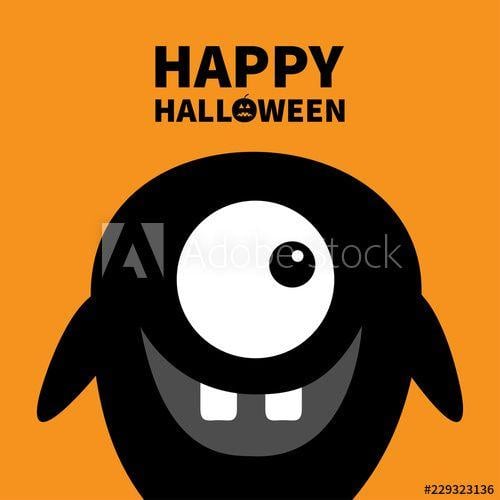 Orange and Black Funny Logo - Happy Halloween. Cute black silhouette monster face icon. Cartoon