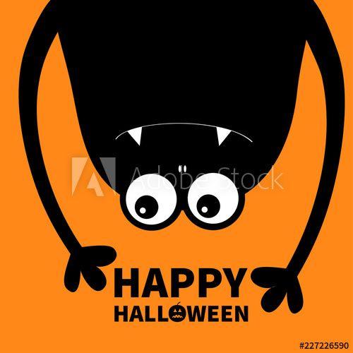 Orange and Black Funny Logo - Happy Halloween card. Monster head silhouette. Two eyes, teeth, fang ...