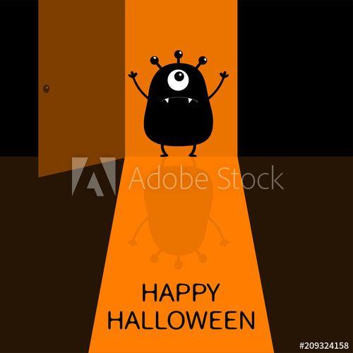 Orange and Black Funny Logo - Happy Halloween. Screaming monster silhouette standing at doorway ...