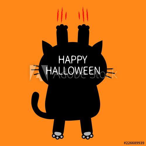 Orange and Black Funny Logo - Happy Halloween. Cartoon black cat scratching. Back view. Red bloody ...
