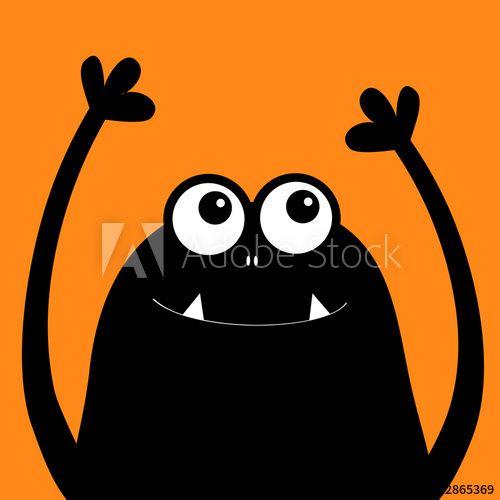Orange and Black Funny Logo - Monster head silhouette. Two eyes, teeth, fang, hands up. Black